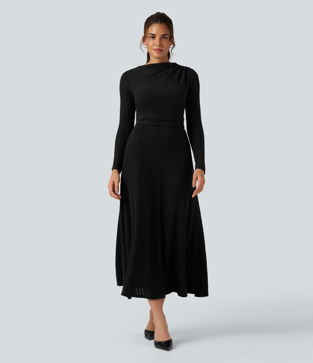 Robe mi-longue côtelée manches longues avec poches