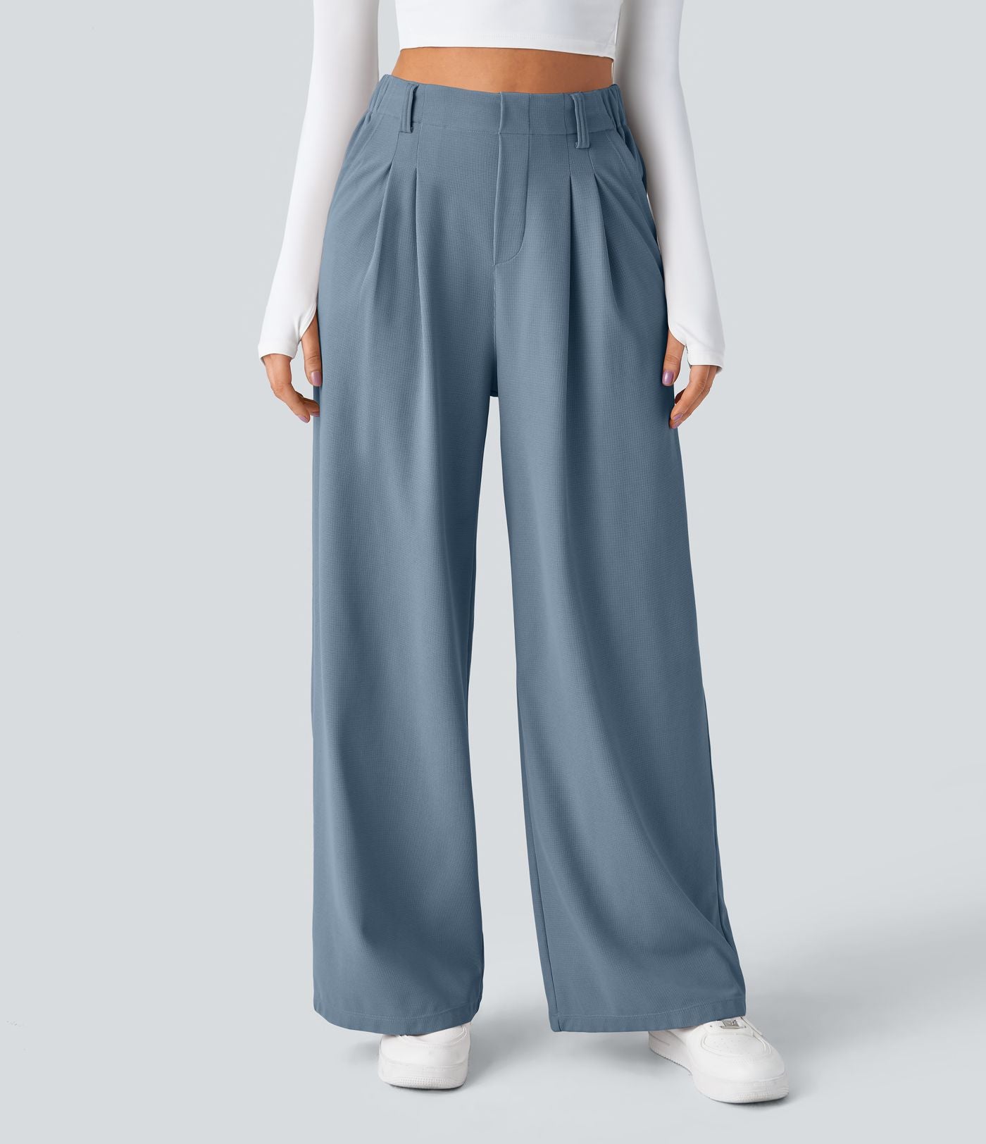 Halara Flex™ Pantalon Tailleur Large Fluide Gaufré Taille Haute Poches Latérales