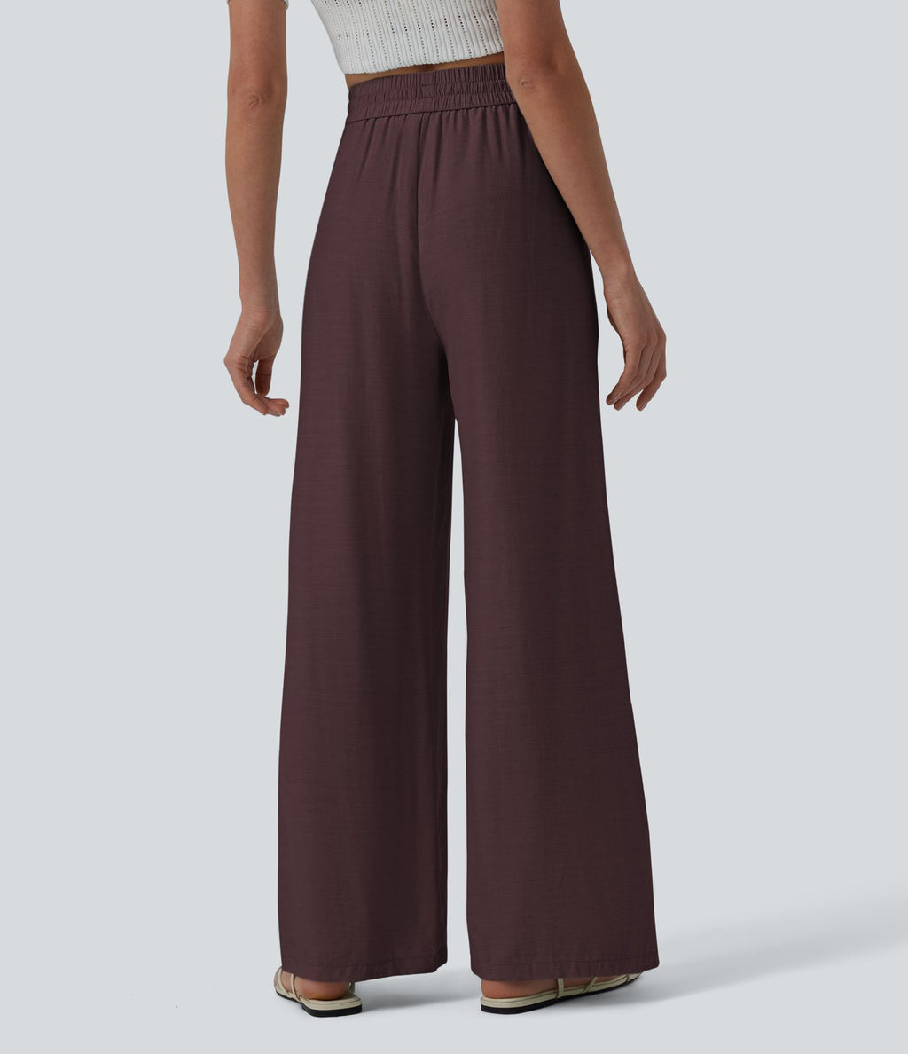 Pantalon casual large fluide mélange lin taille haute avec cordon de serrage et poches