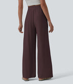 Pantalon casual large fluide mélange lin taille haute avec cordon de serrage et poches