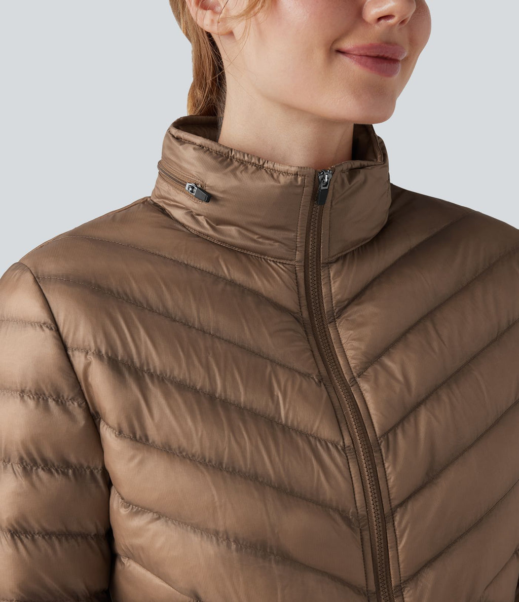 Veste casual compactable en duvet synthétique zippée à col montant et manches longues avec poches