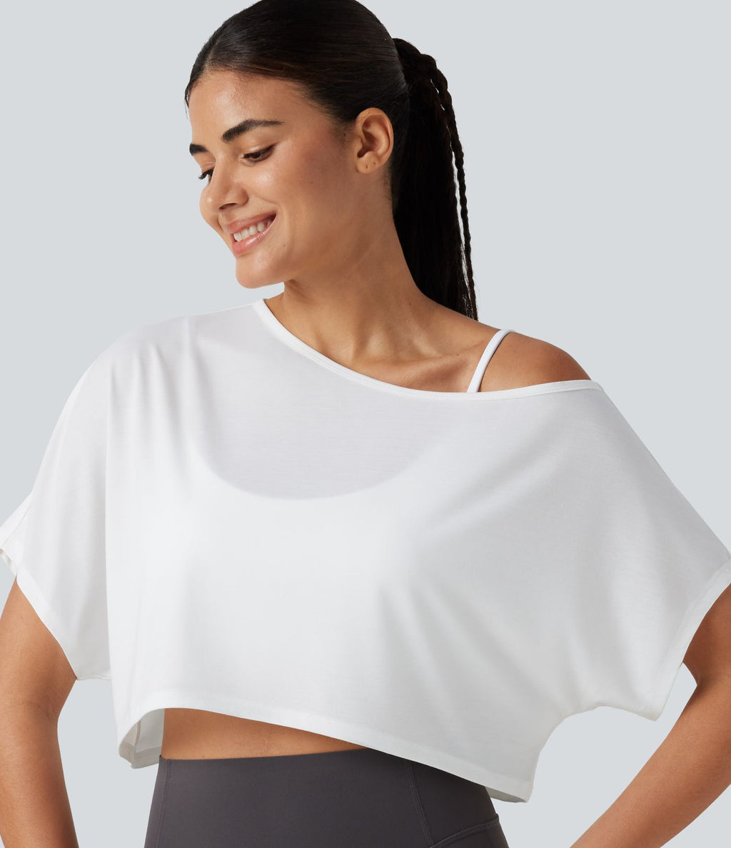 Haut de yoga court à une épaule, manches courtes, brassière intégrée, séchage rapide