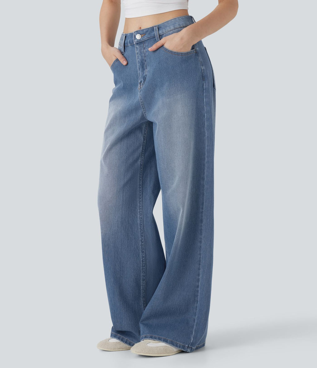 Jean palazzo ample taille mi-haute Halara Flex™ effet délavé avec poches