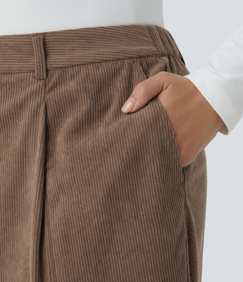 Pantalon décontracté en velours côtelé taille mi-haute grande taille avec bouton, fermeture éclair et poches multiples