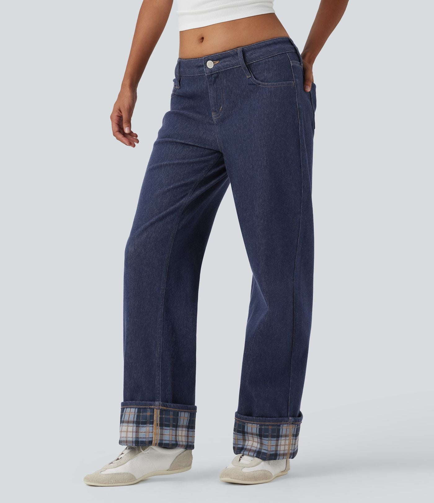 Jean large Halara Flex™ taille basse à carreaux contrastants ourlet roulé avec poches