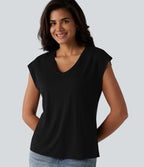 T-shirt décontracté à col V, manches courtes et soutien-gorge intégré bonnets B-DD