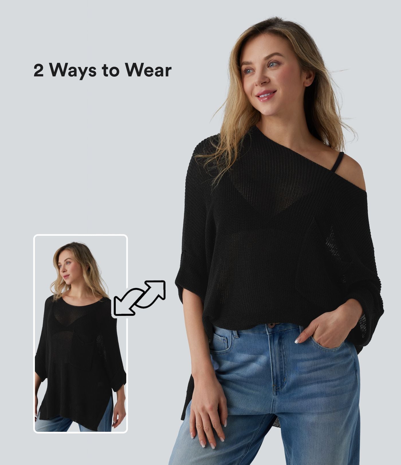 Pull décontracté oversize asymétrique demi-manches ourlet fendu avec poche