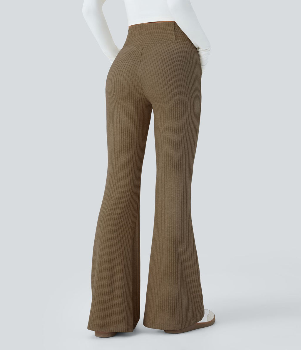 Pantalon Taille Haute Casual Évasés en Tricot Côtelé avec Poches Latérales et Croisé