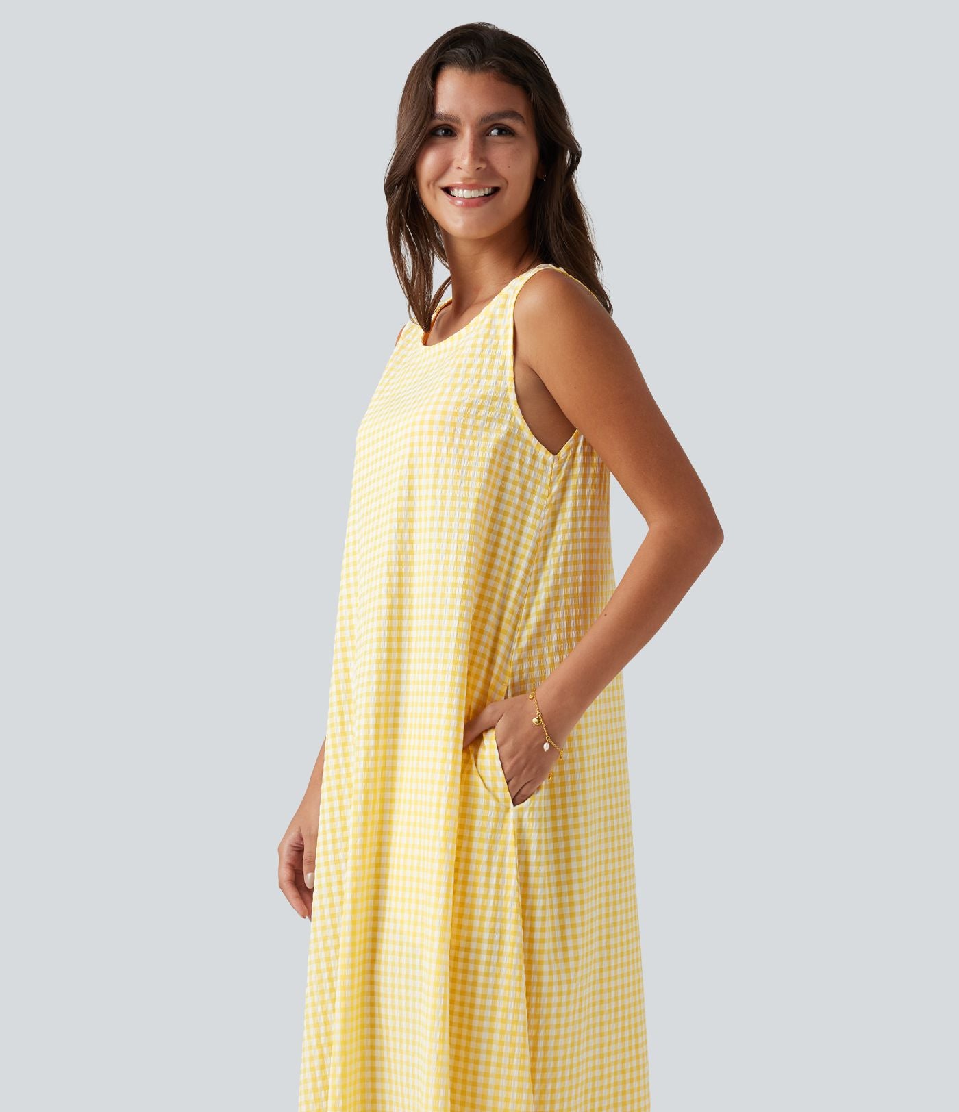 Robe débardeur midi décontractée col rond sans manches en vichy froissé avec poches