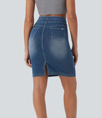 Halara Flex™ Jupe en Jean décontractée stretch délavé à taille haute, multiples poches et fente latérale