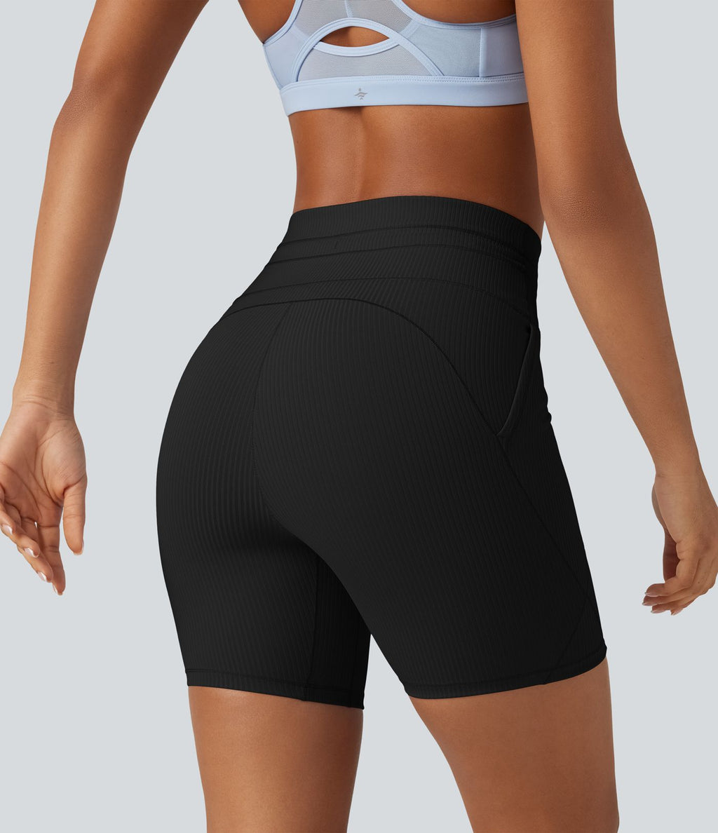 Short cycliste de yoga en maille côtelée taille haute avec cordon de serrage séchage rapide 15 cm avec poches - UPF50+