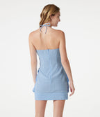 Robe micro-mini de plage moulante à carreaux vichy col halter avec brassière intégrée et lien noué au dos