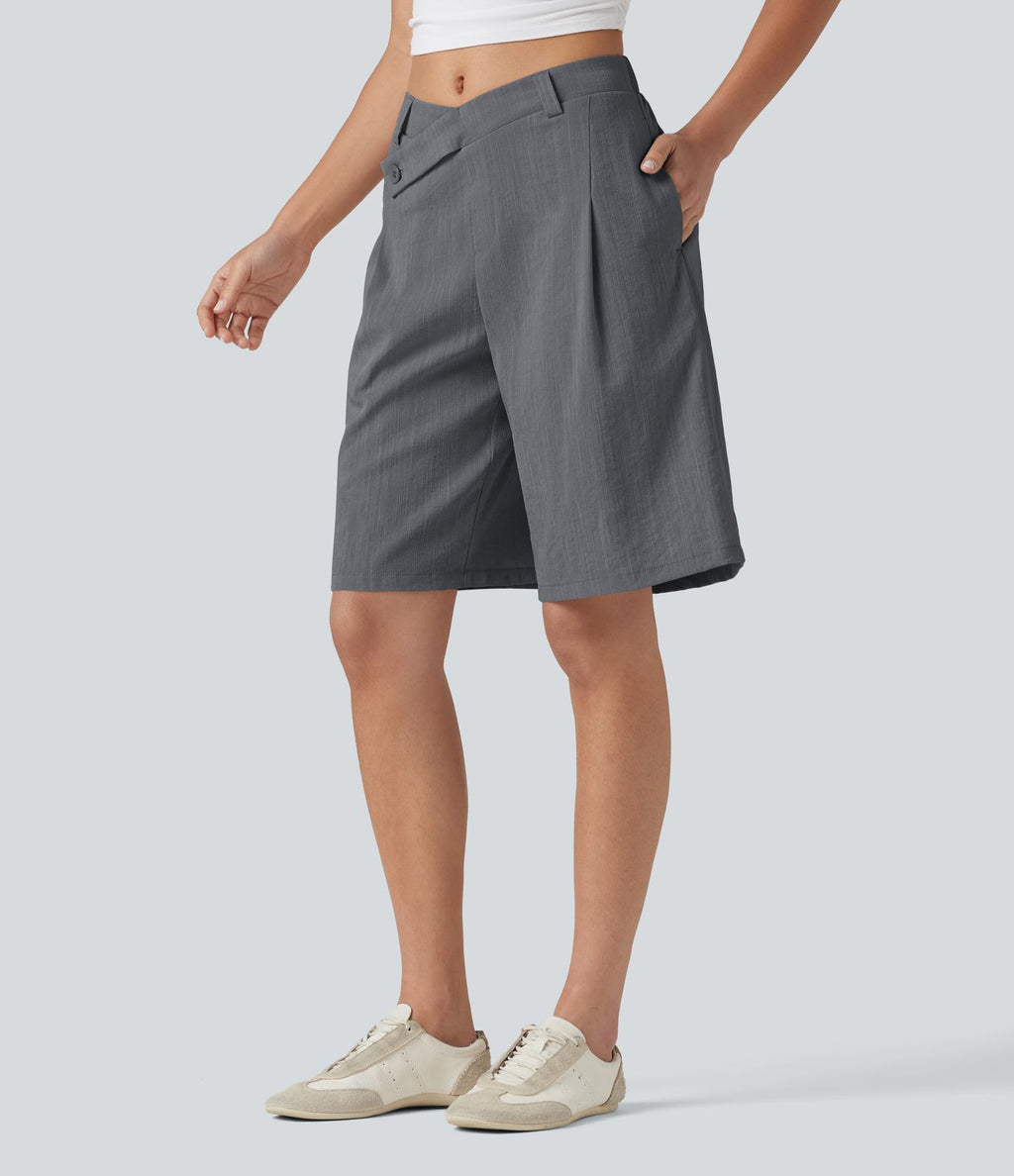 Short tailleur bermuda aspect lin taille mi-haute asymétrique 25 cm avec poches