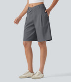 Short tailleur bermuda aspect lin taille mi-haute asymétrique 25 cm avec poches