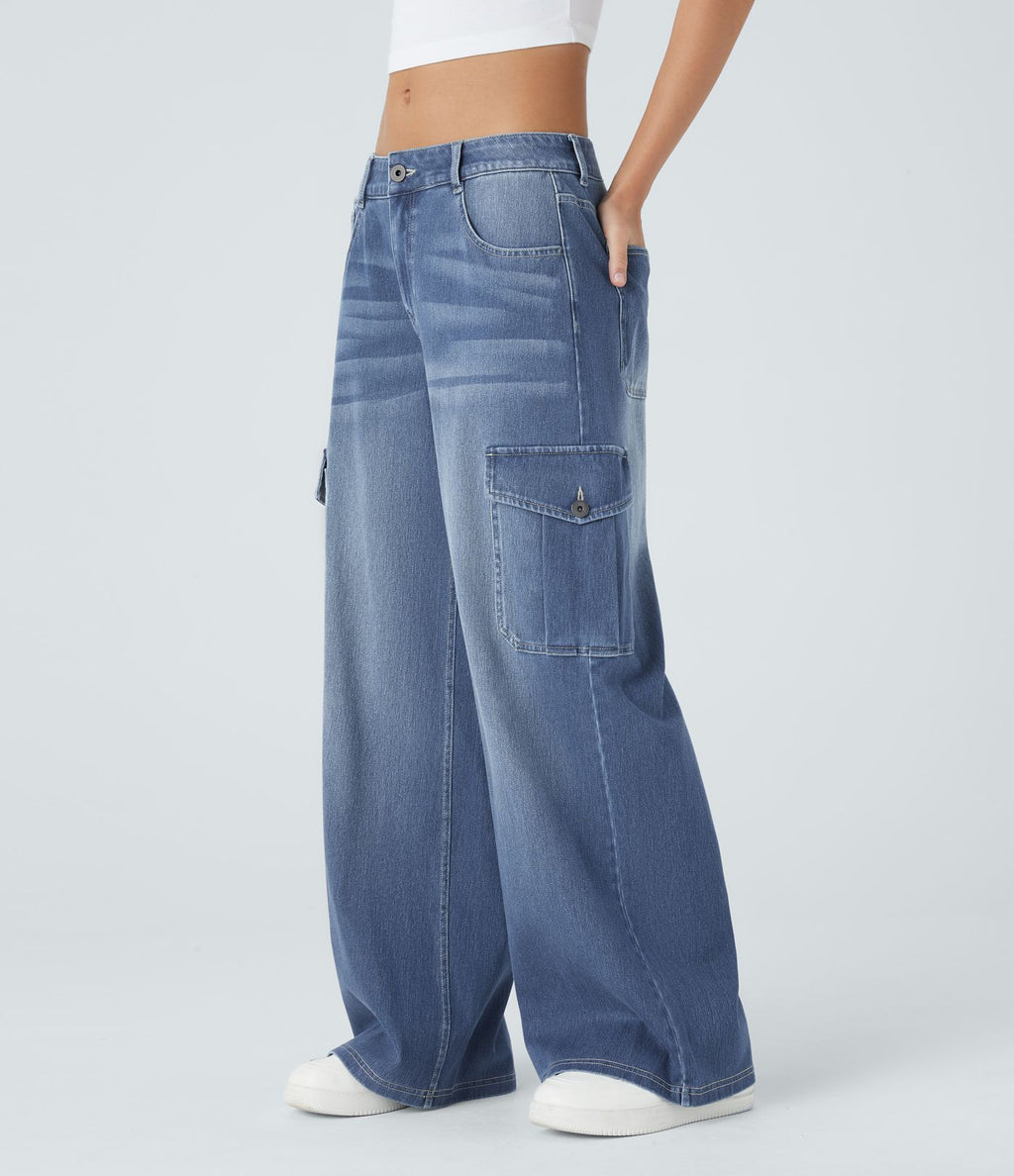Jean cargo décontracté Halara Flex™ à taille basse, jambes larges, poches multiples et tissu extensible