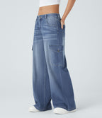 Jean cargo décontracté Halara Flex™ à taille basse, jambes larges, poches multiples et tissu extensible