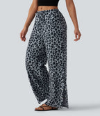 Pantalon large casual en maille gaufrée imprimé léopard taille mi-haute avec cordon de serrage et poches