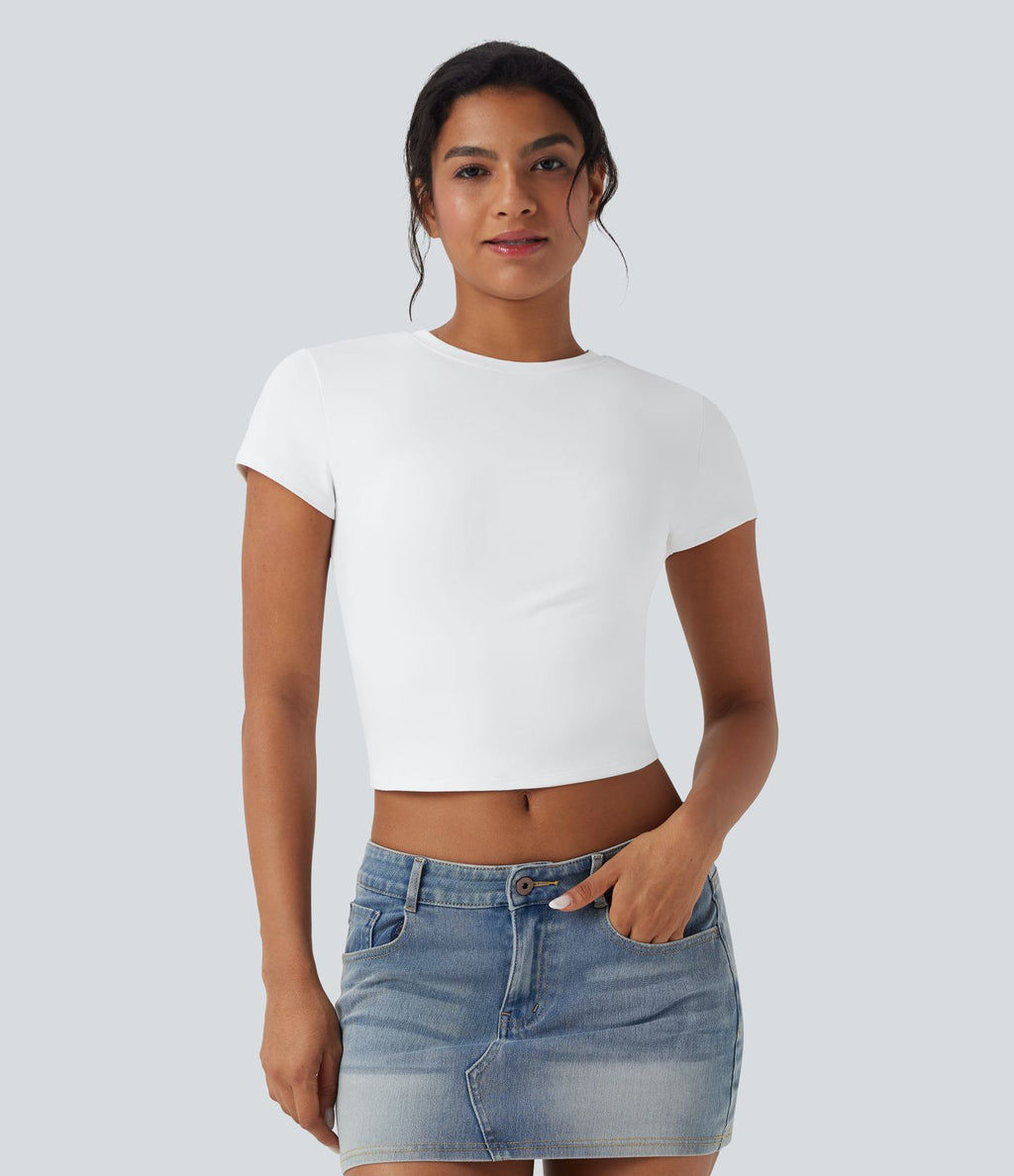 T-shirt baby tee décontracté court ajusté col rond