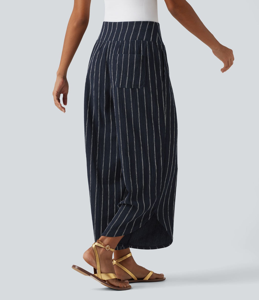 Pantalon rayé taille haute avec ourlet arrondi et poches