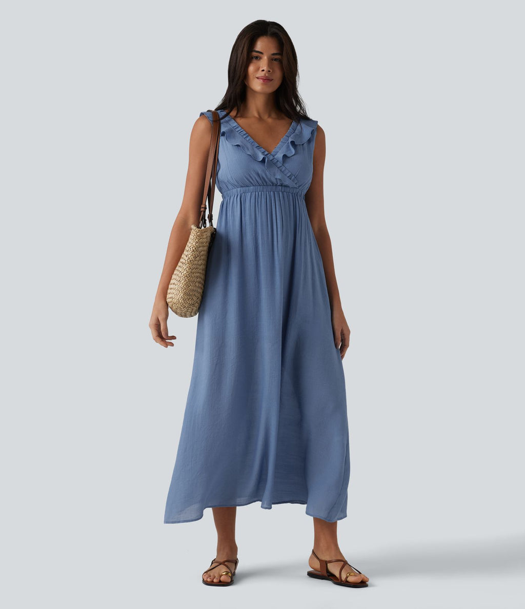 Robe fluide midi vacances col V sans manches dos nu à nouer volants avec poches