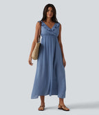 Robe fluide midi vacances col V sans manches dos nu à nouer volants avec poches