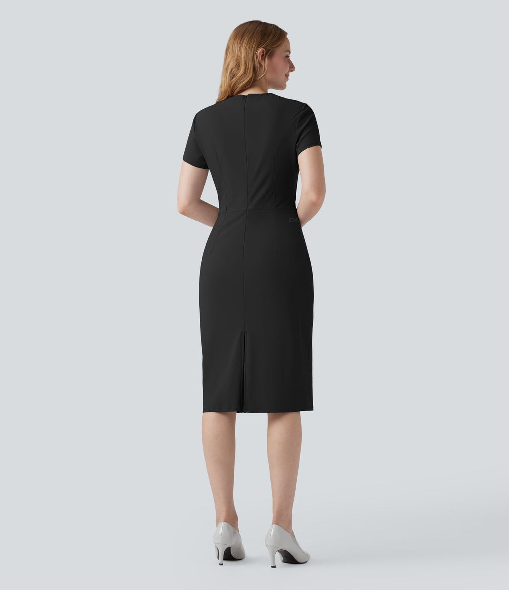Robe de travail mi-longue anti-froissage à col V et manches courtes