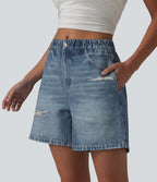 Short casual en molleton imprimé denim taille mi-haute 12,5 cm avec poches