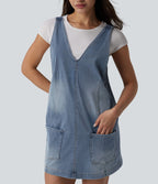 Robe mini décontractée Halara Flex™ col V en denim délavé avec poches