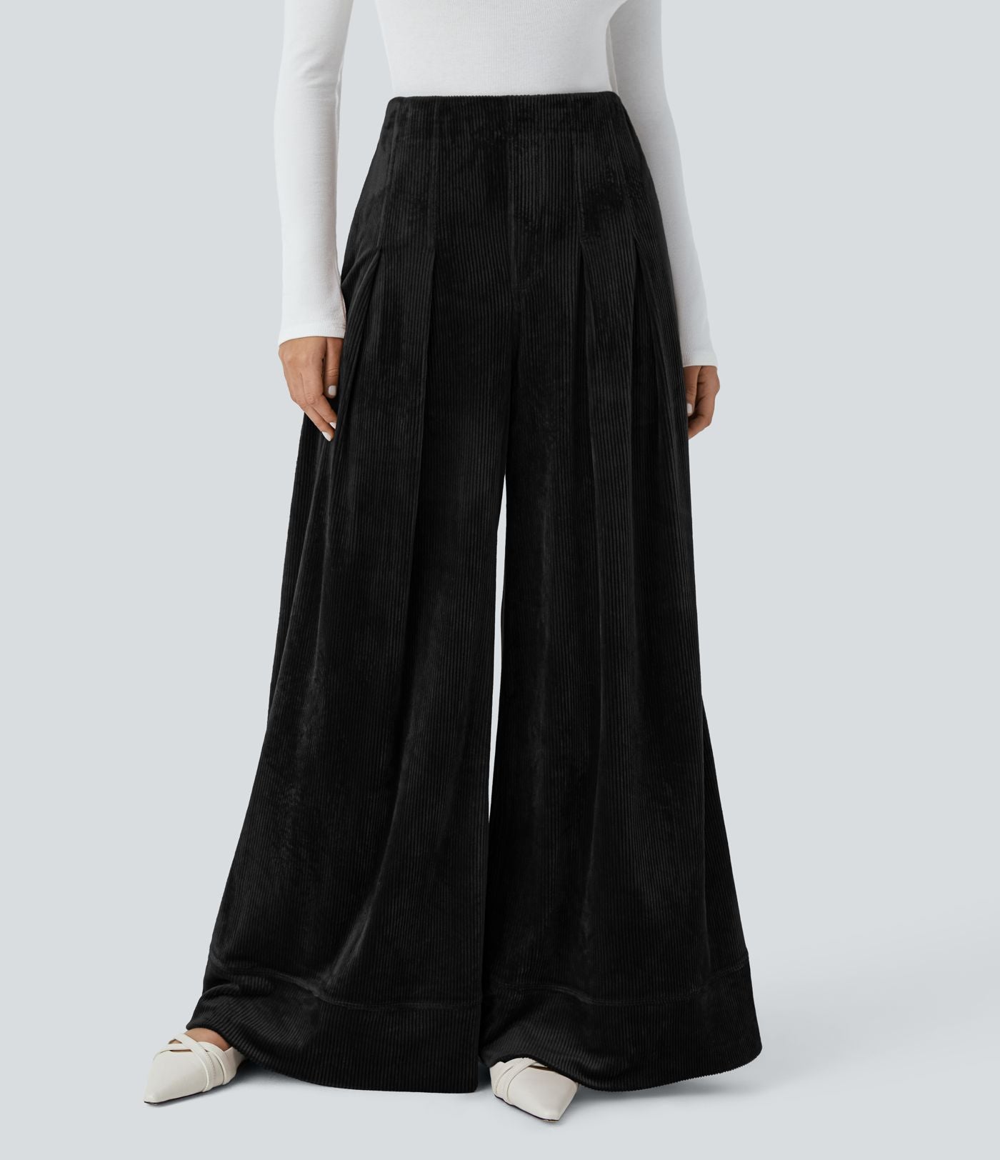 Pantalon de palazzo décontracté en velours côtelé taille haute à plis avec poches multiples