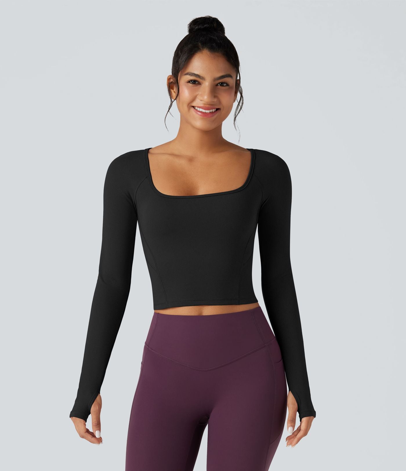 Top de sport yoga SoftlyZero™ Plush col carré manches raglan longues avec trous pouces