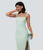 Softlyzero™ Airy Robe Demoiselle d'Honneur Invitée de Mariage Col Carré Plissée et Fendue Toucher Frais Grande Taille