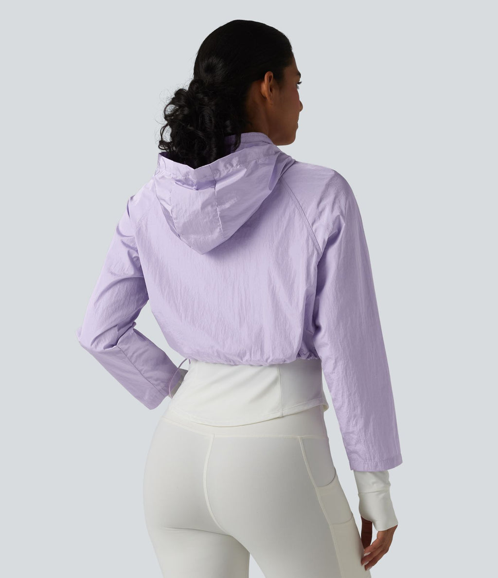 Veste de running 3-en-1 déperlante à capuche avec trous pour les pouces, ourlet arrondi et poches