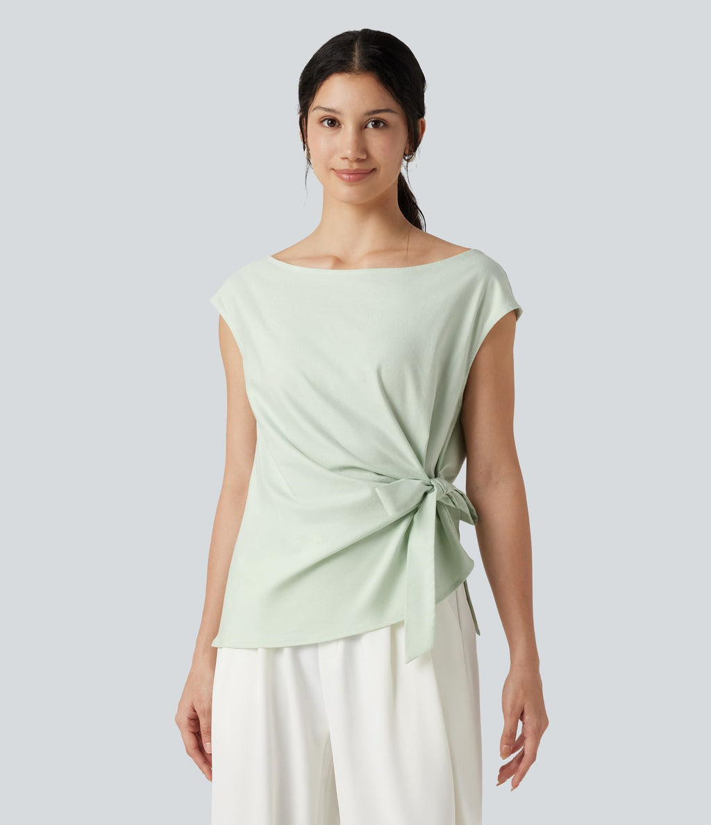 Blouse casual col bateau en mélange de lin à [manches cap] nouée sur le côté