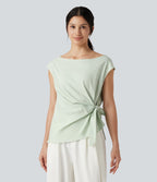 Blouse casual col bateau en mélange de lin à [manches cap] nouée sur le côté