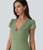 Robe longue fluide col V manches courtes