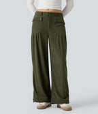 Pantalon décontracté large taille mi-haute en velours côtelé avec poches