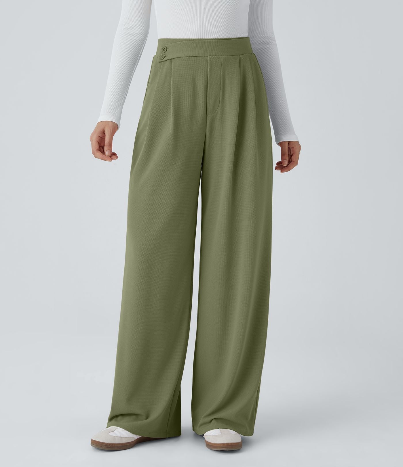 Pantalon taille haute décontracté large en maille gaufrée, avec poches