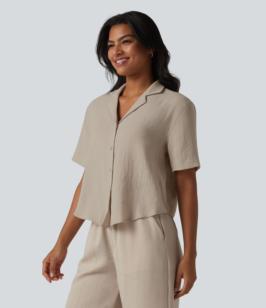 Chemise décontractée col cranté manches courtes en mélange lyocell et lin