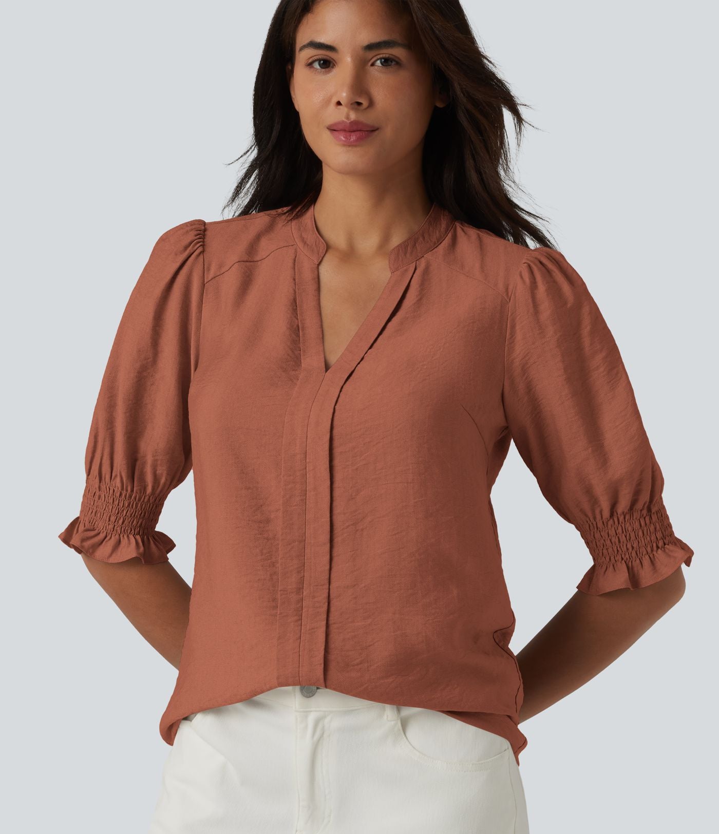 Blouse décontractée à col en V et manches courtes bouffantes