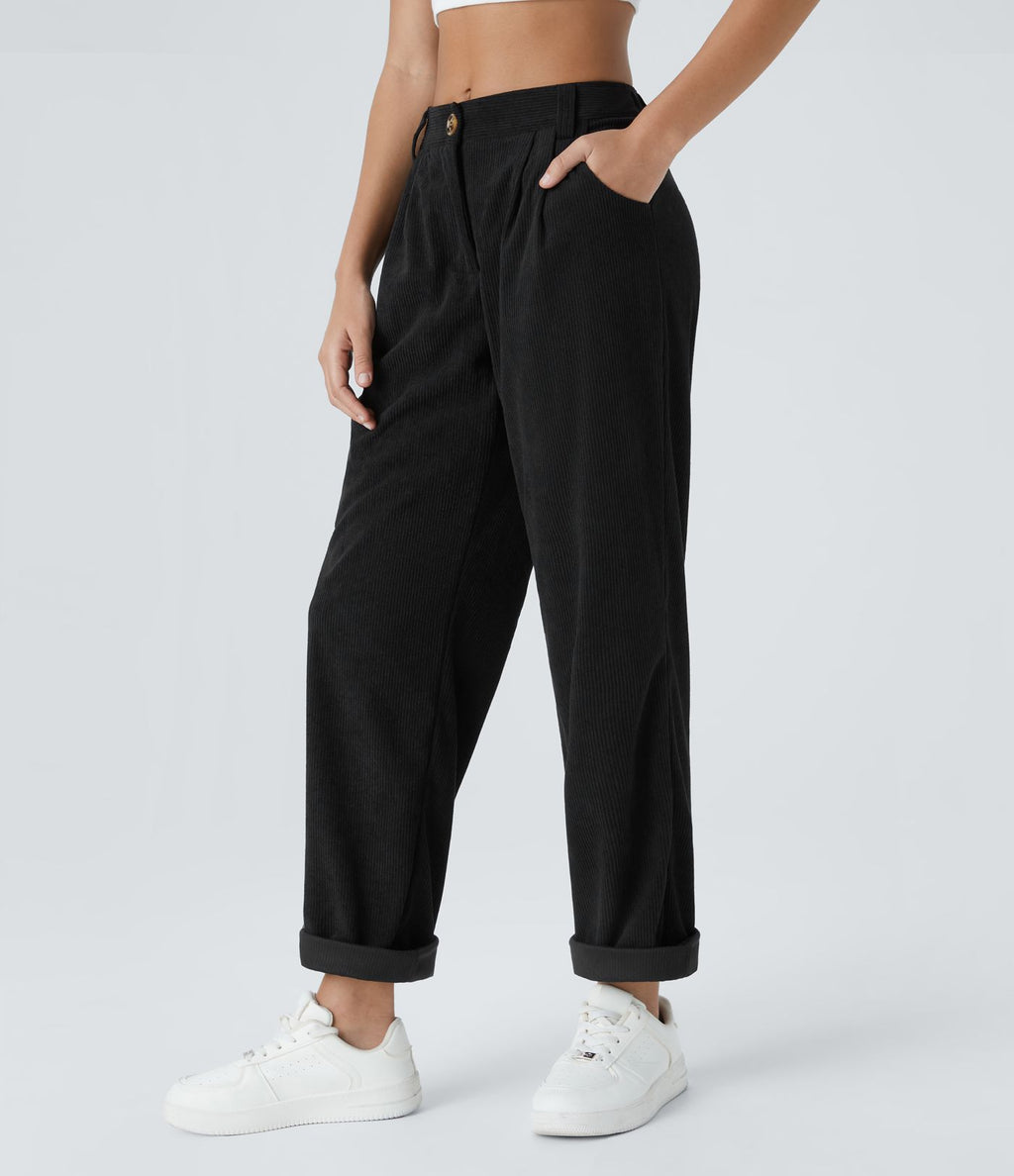 Pantalon en velours côtelé décontracté taille moyenne avec poches latérales