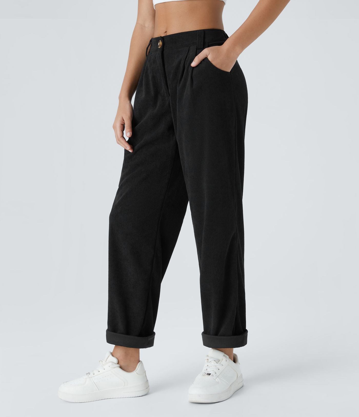 Pantalon en velours côtelé décontracté taille moyenne avec poches latérales
