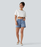 Short denim décontracté Halara Flex™ asymétrique délavé taille haute ourlet roulotté avec poches