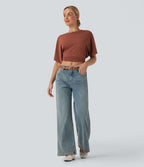 Haut casual crop col rond manches courtes fentes liens dos