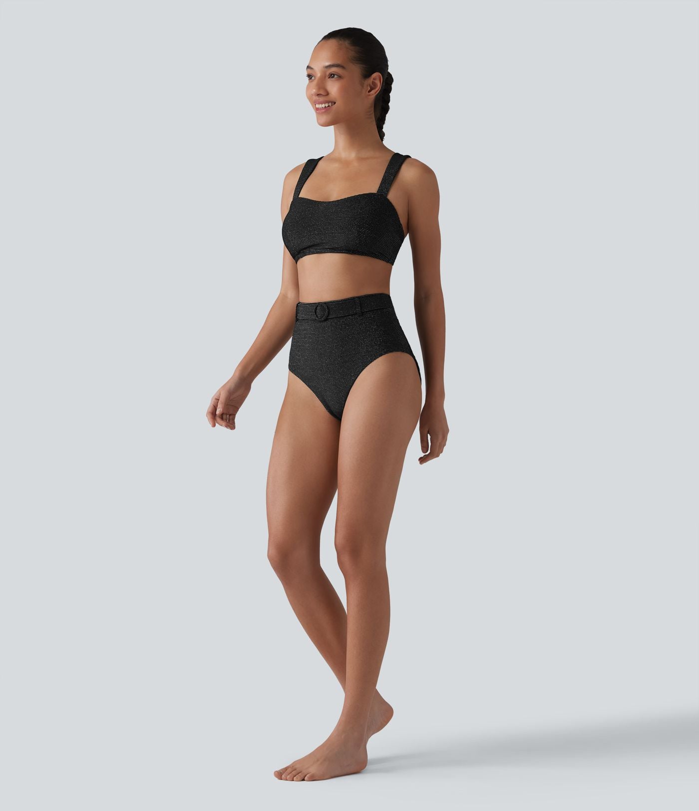 Bas de bikini gainant taille haute à rayures scintillantes
