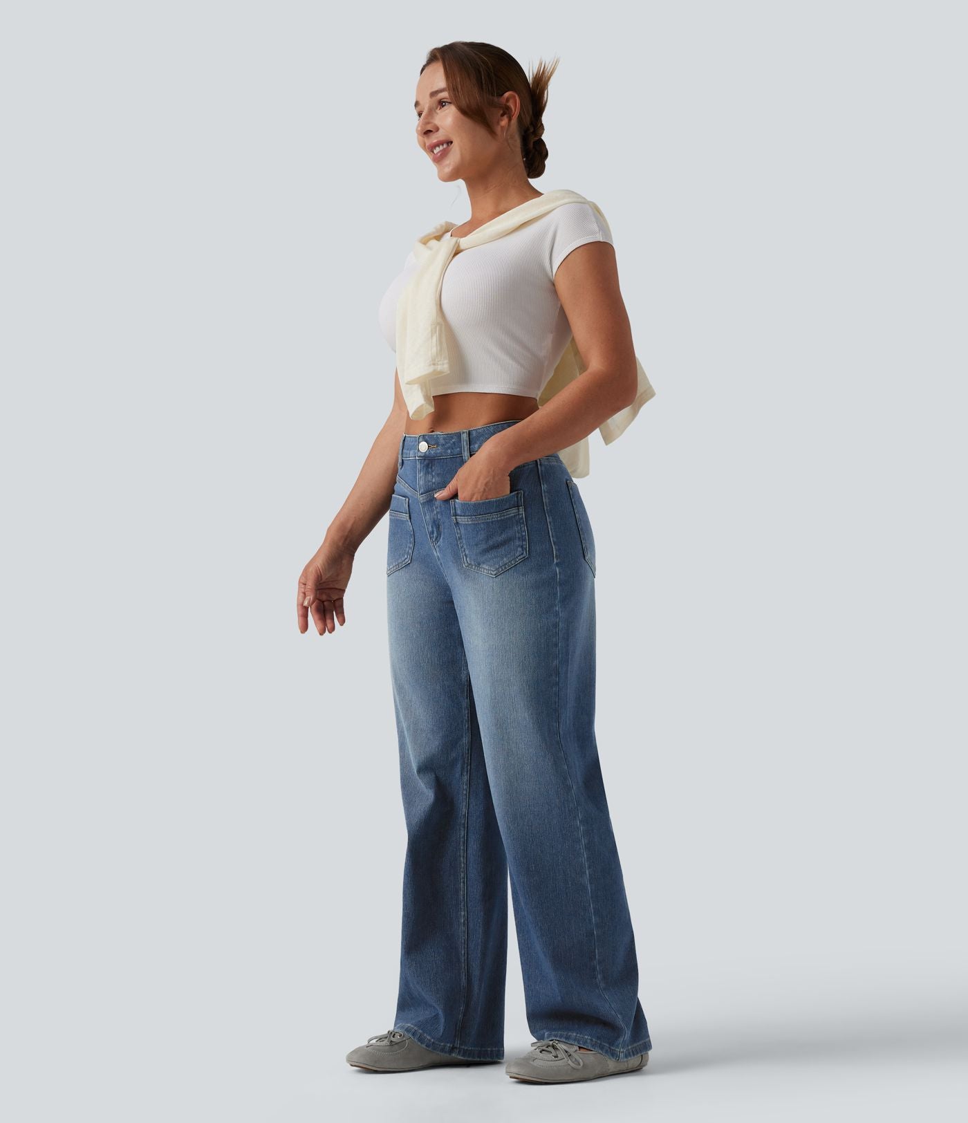 Halara Flex™ Jean coupe droite décontracté taille mi-haute avec poches