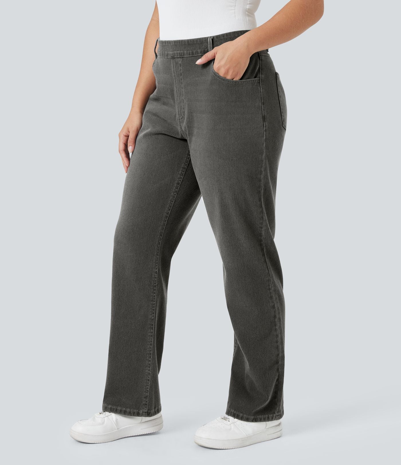 Jean décontracté Halara Flex™ grande taille, taille haute, multiples poches, jambes droites, effet délavé, en maille extensible