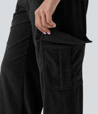 Pantalon cargo décontracté droit en velours côtelé, taille mi-haute, avec poches