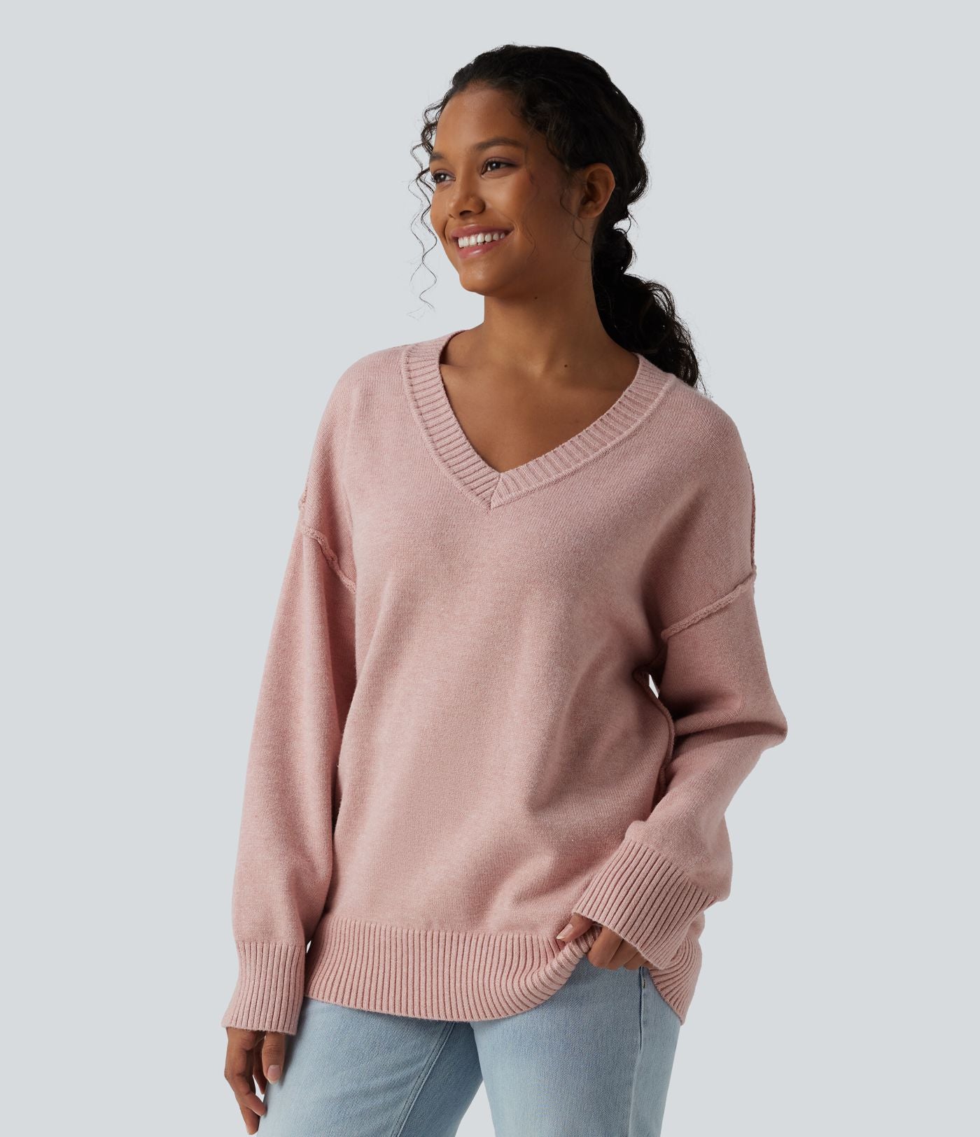 Pull décontracté col V à manches longues et épaules tombantes