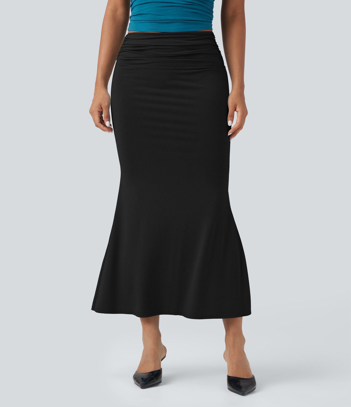 Jupe midi sirène froncée taille mi-haute