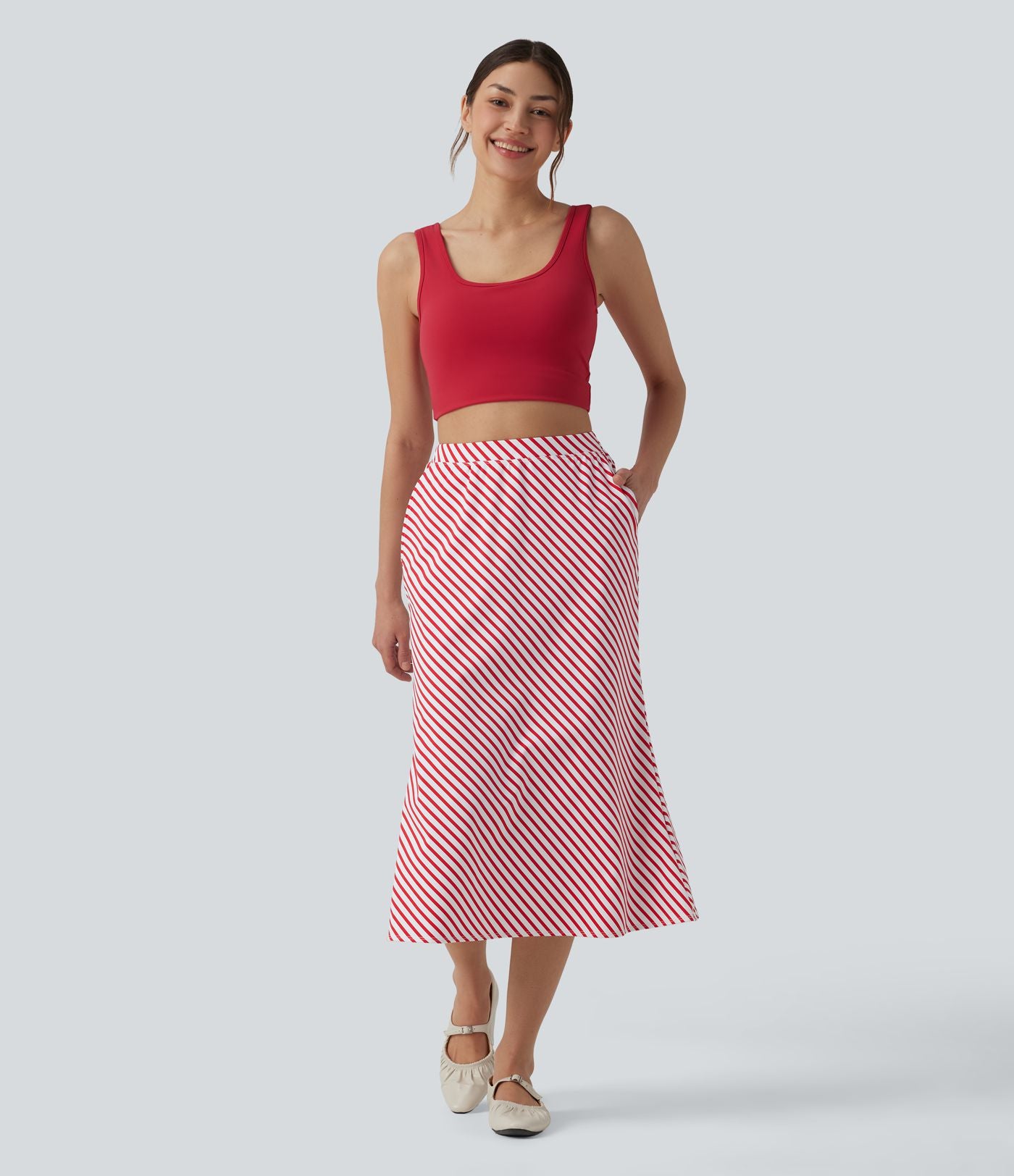Jupe mi-longue casual à rayures taille haute avec poches